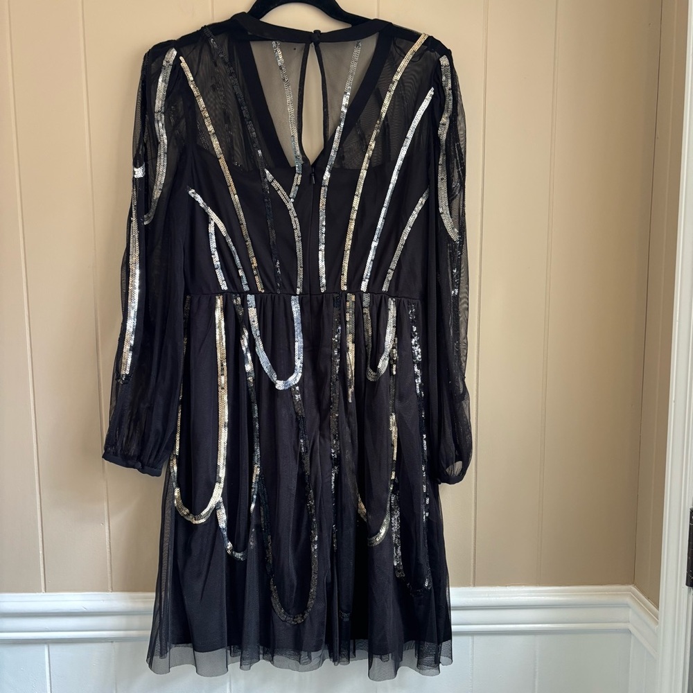 Monsoon Black Long Sleeve Sliver & Gold Sequin Dress With Sheer Lining. Size 6. - Picture 3 of 8